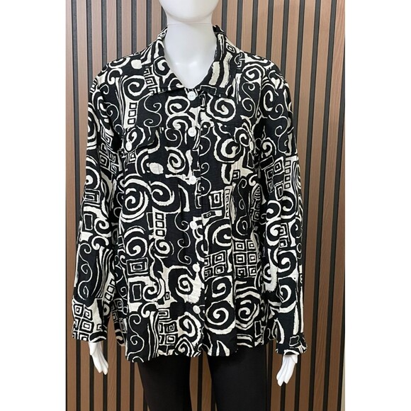 iOS Women's 3X Black Jacket Silk Blend Geometric Artsy Shacket Casual Boho - Picture 1 of 8